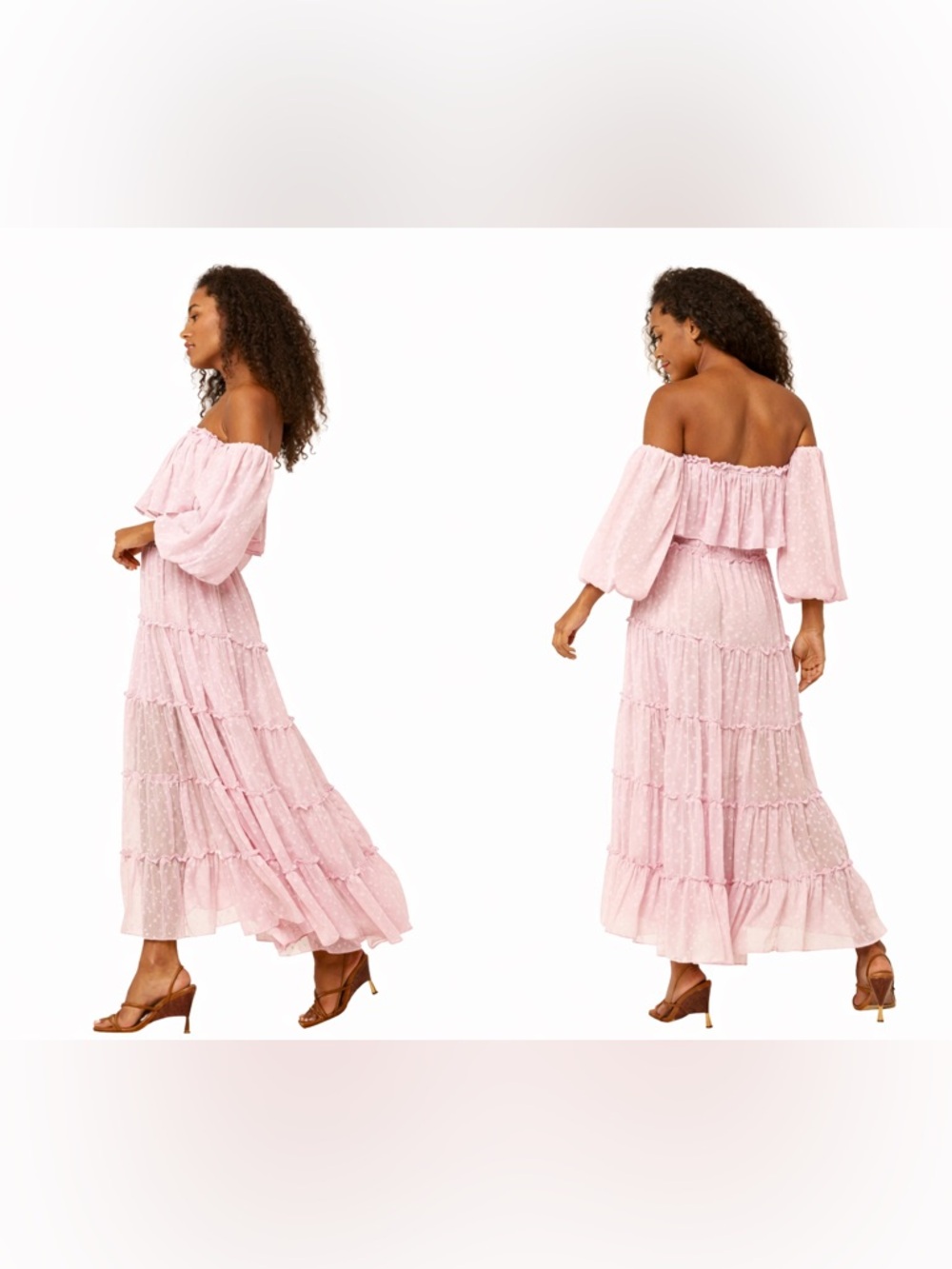 MISA Los Angeles Blush Pink Off Shoulder Tiered Maxi Dress Romantic Resort Boho - Picture 2 of 9